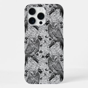 Coque iPhone 16 Pro Max Chouettes dans le chêne, noir et blanc