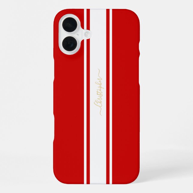 Coque iPhone Classic Red White Racing Stripes Gold Monogrammed (Verso)