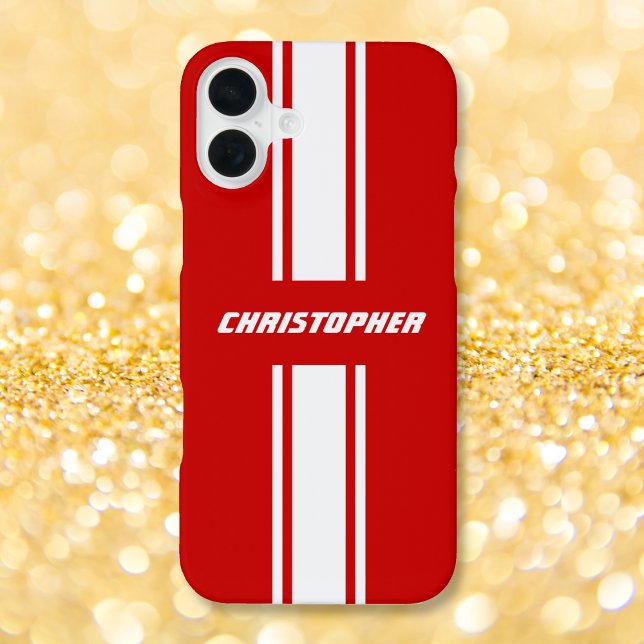 Coque iPhone Classic Red White Racing Stripes Monogramme (Classic Stylish Red White Racing Stripes Monogram iPhone Case)