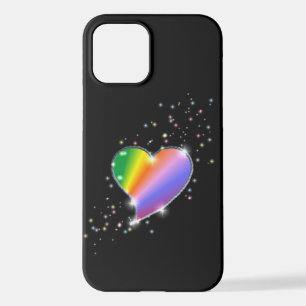Coque iPhone 12 Coeur arc-en-ciel avec étoiles sur noir