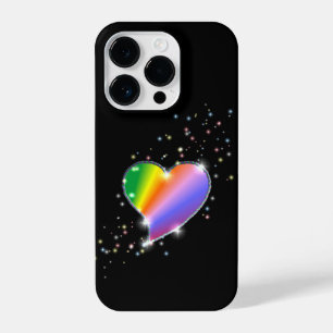 Coque Pour iPhone 14 Plus Coeur arc-en-ciel avec étoiles sur noir