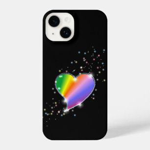 Coque Pour iPhone 14 Coeur arc-en-ciel avec étoiles sur noir