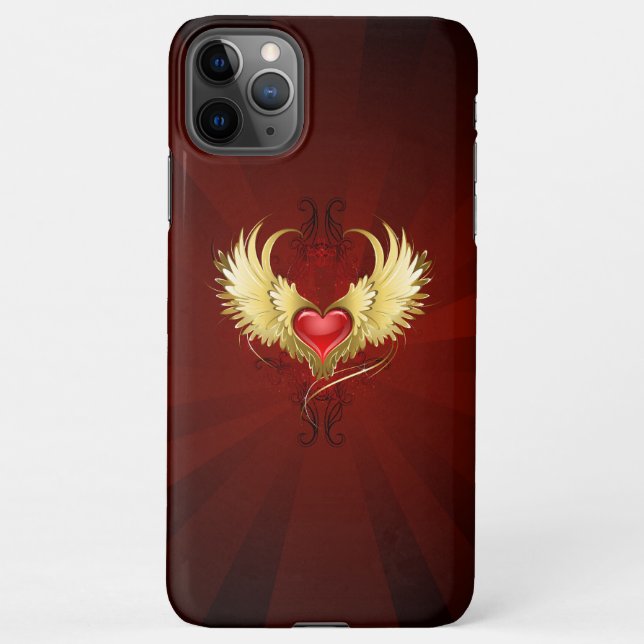 Coque iPhone Coeur rouge avec ailes d'or (Dos)