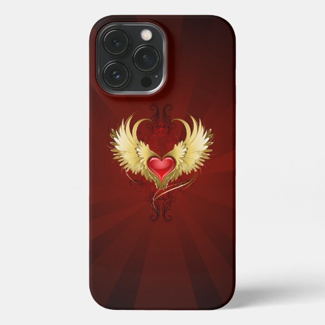 Coque iPhone Coeur rouge avec ailes d'or (Verso)