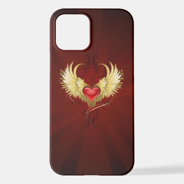 Coque iPhone Coeur rouge avec ailes d'or (Verso)