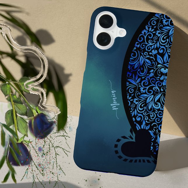 Coque iPhone Coeur tendance floral poule bleu dégradé (Trendy Chick Floral Blue Gradient Heart iPhone Case)