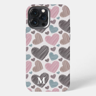 Etui iPhone 13 Pro Max Coeurs de scribble moderne Monogramme personnalisé