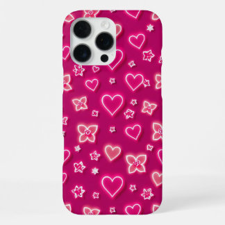 Coque iPhone 16 Pro Max Cœurs et fleurs néon rose vibrant motif rétro
