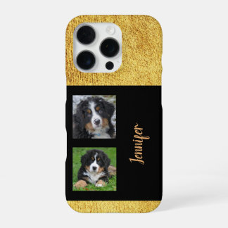 Coque iPhone 16 Pro Collage photo personnel élégant paillettes or noir