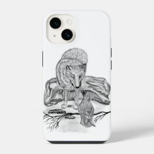 Coque Pour iPhone 14 Conception de loup et de corbeau noir et blanc