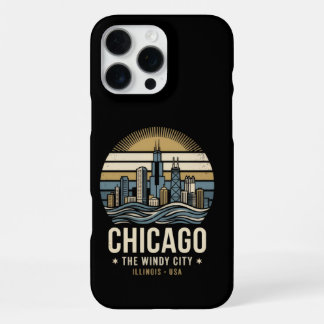 Coque iPhone 16 Pro Max Conception de voyage rétro de la skyline de Chicag