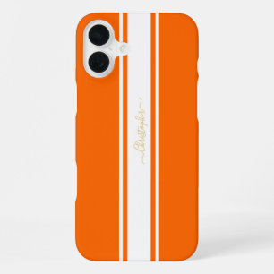 Coque iPhone 16 Plus Cool Orange White Racing Stripes Gold Monogrammed