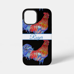 Coque iPhone 12 Mini Coq Rouge Aquarelle Bleue Nom Homme Téléphone