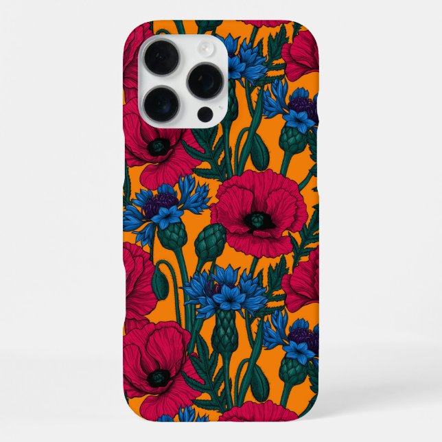 Coque iPhone Coquelicots rouges et bleuets sur fond orange (Verso)