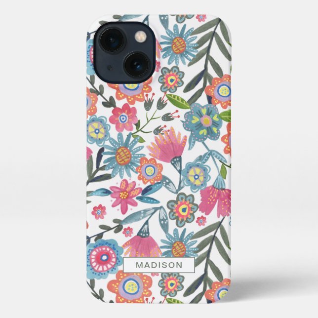 Coque iPhone Couleur rose et bleu pastel fleurs folk art (Verso)