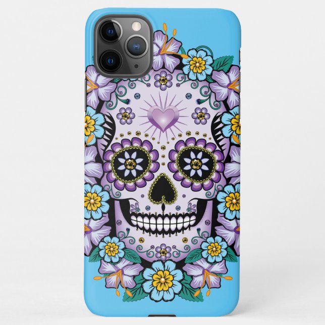 Coque iPhone Crâne de sucre pourpre avec fleurs (Dos)