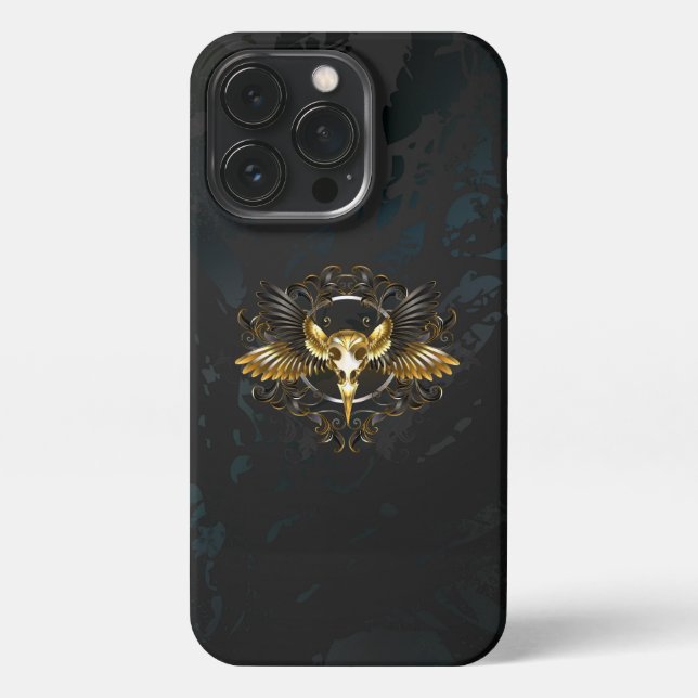 Coque iPhone Crâne d'oiseaux dorés sur arrière - plan noir (Verso)