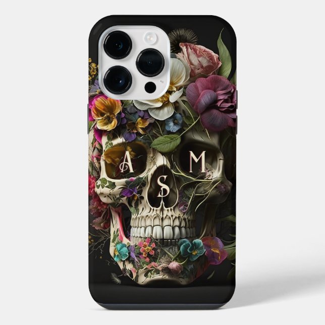 Coque iPhone Crâne floral Goth Pagan Monogramme Initiales (Verso)