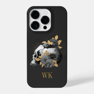 Coque Pour iPhone 14 Plus Crâne vintage gothique noir et or floral
