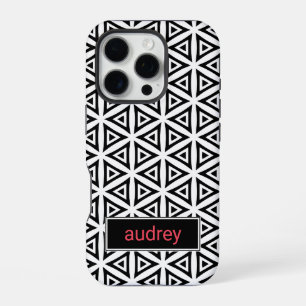 Coque iPhone 16 Pro Crisp triangulaire motif noir et blanc Votre nom