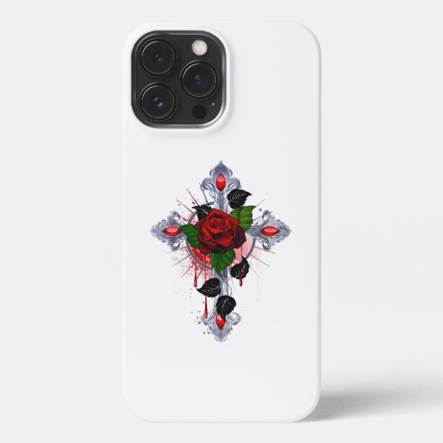 Coque iPhone Croix d'argent avec une rose rouge (Verso)