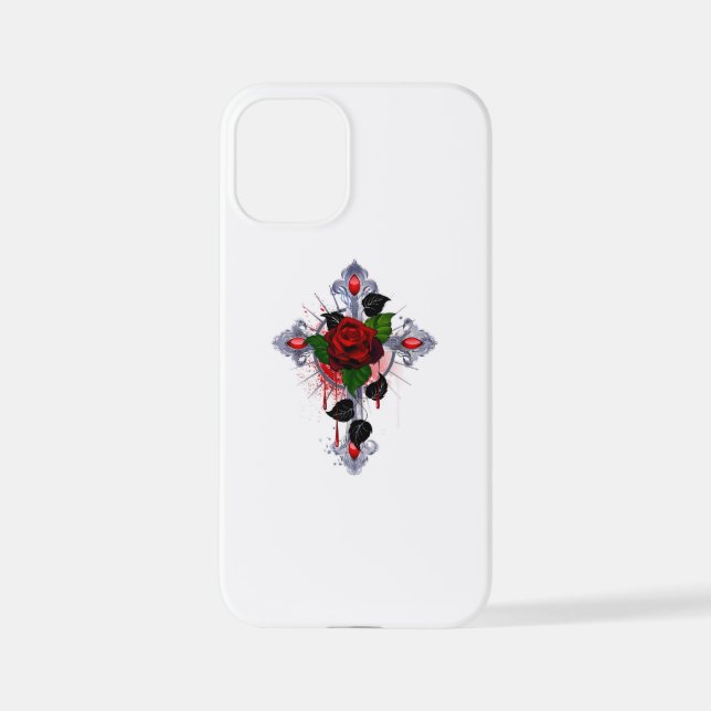 Coque iPhone Croix d'argent avec une rose rouge (Verso)