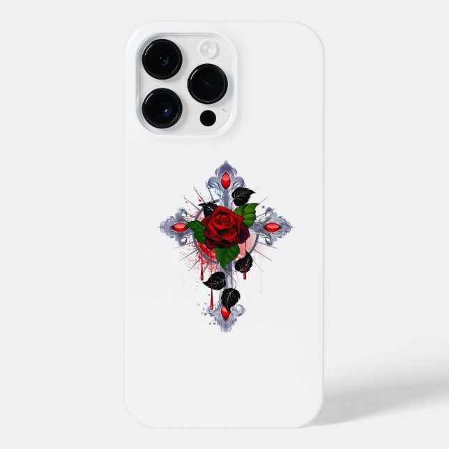 Coque iPhone Croix d'argent avec une rose rouge (Verso)