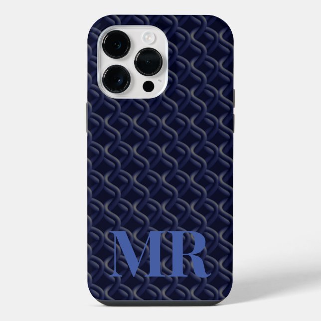 Coque iPhone Custom Initial Large Modern Blue Lattice Rubber (Verso)