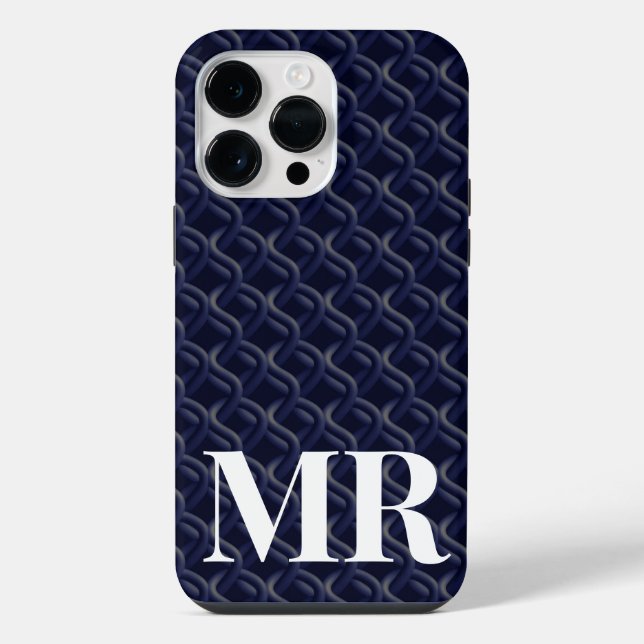 Coque iPhone Custom Initial Large Modern Blue Lattice Rubber (Verso)