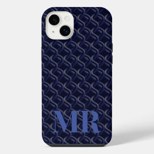 Coque iPhone Custom Initial Large Modern Blue Lattice Rubber (Verso)