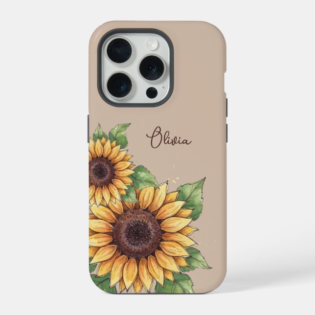 Coque iPhone Custom Name Watercolor Sunflower Rustic (Verso)