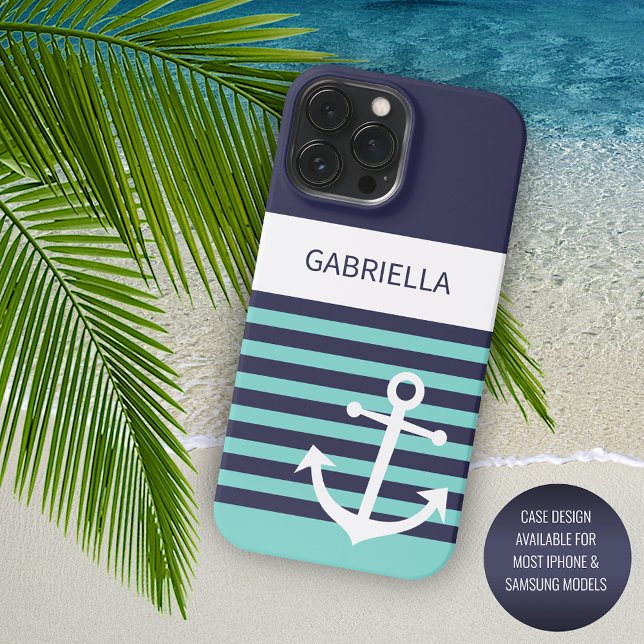 Coque iPhone Custom Navy bleu foncé blanc Aqua Turquoise Stripe (Créateur téléchargé)
