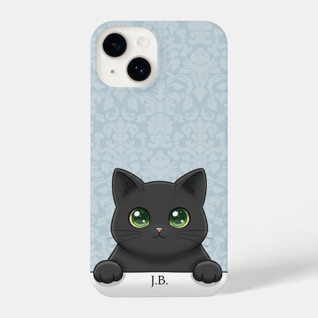 Coque iPhone Cute Black Cat Peeking Kawaii Cartoon Blue Damask (Verso)