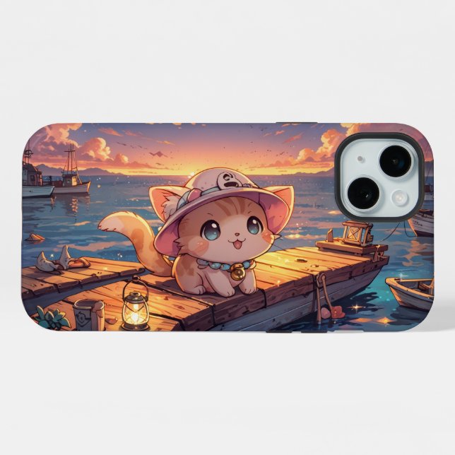 Coque iPhone Cute Chibi Kitten at the Harbor Sunset – Whimsical (Verso Horizontal)