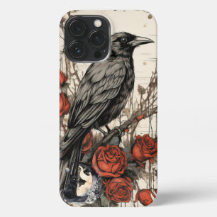 Etui iPhone 13 Pro Max Cute Coloré Corbeau gothique & Rose Rouge