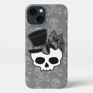 Etui iPhone 13 Cute Goth Crâne avec Rose de chapeau supérieur