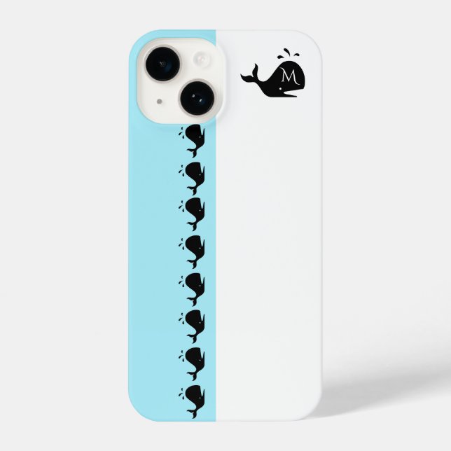Coque iPhone Cute White and Blue Custom Initial Black Whale (Verso)