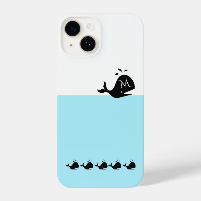 Coque iPhone Cute White and Blue Custom Initial Black Whale (Verso)
