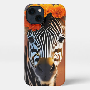 Etui iPhone 13 Cute Zebra portant des fleurs orange