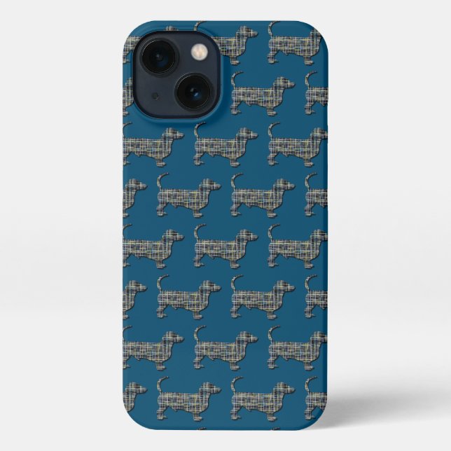 Coque iPhone Dachshund Daxie Chien Cute Silhouette Grille Bleu (Verso)