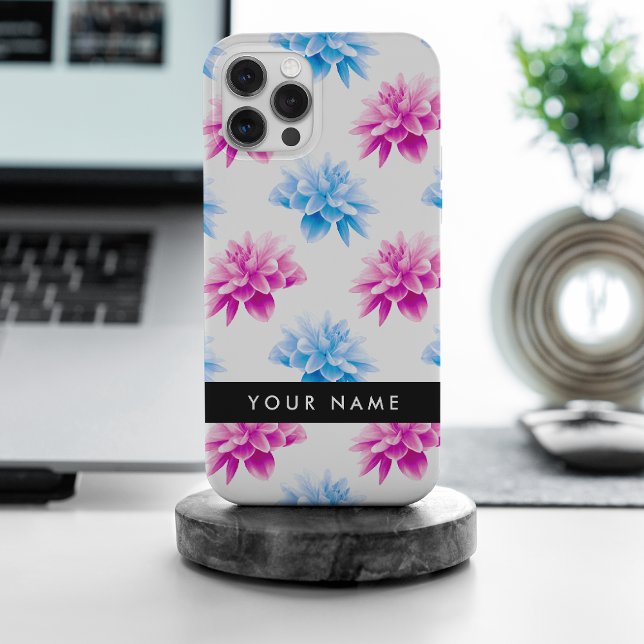 Coque iPhone Dahlia rose et bleu, motif floral, Votre nom (Créateur téléchargé)