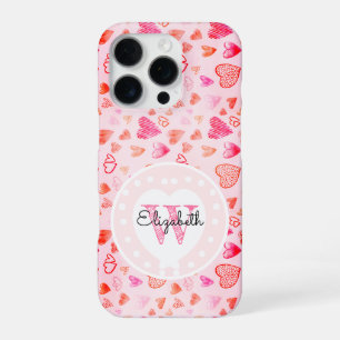 Coque iPhone 16 Pro Dainty Coeur rose Motif & Monogramme Coeur blanc