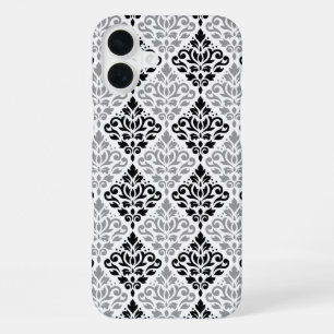 Coque iPhone 16 Plus Damas à grand motif à défilement noir gris blanc