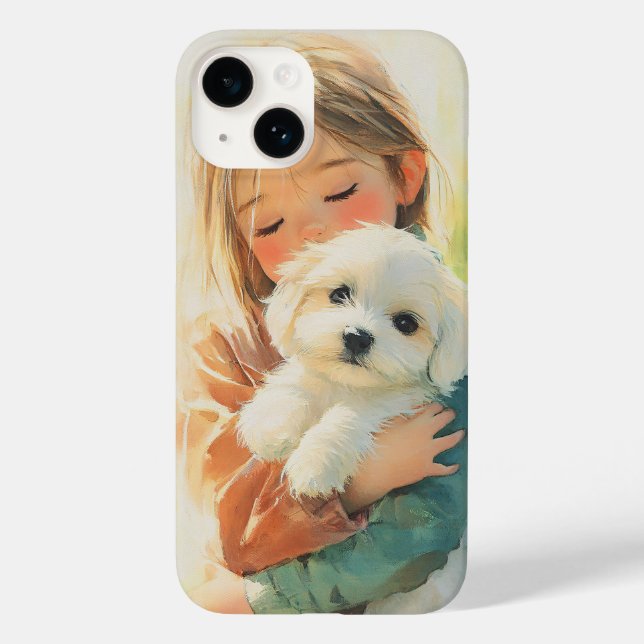 Coque iphone d'aquarelle douce fille et chiot (Verso)