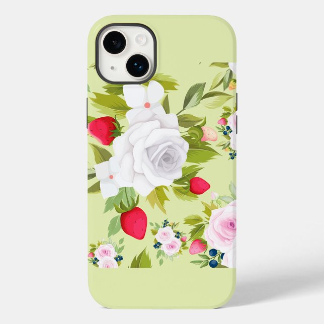 Coque iphone de fleurs vertes (Seamless pattern with flowers, strawberries and blueberries on a light green background.)