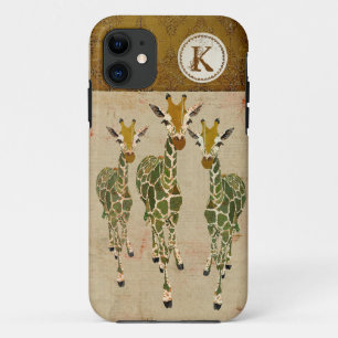 Coque iphone de monogramme de damassé de girafes