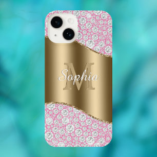 Coque Pour iPhone 14 Diamants de Glam sur rose, Monogramme d'or, Nom du