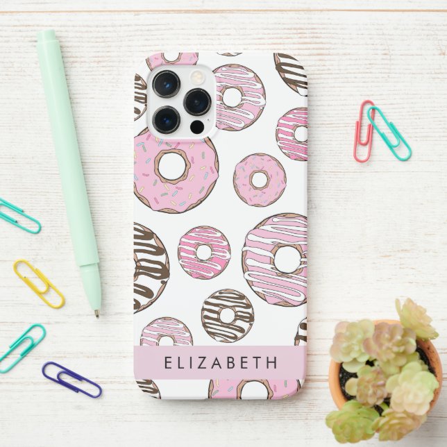 Coque iPhone Donuts Roses, Donuts Blancs, Sprinkings, Votre Nom (Sur le bureau)
