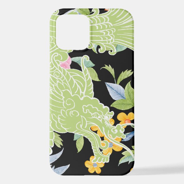 Coque iPhone Dragon asiatique - Pastel floral vert citron (Verso)