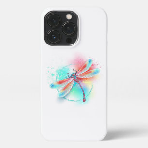 Etui iPhone 13 Pro Dragonfly rouge sur l'arrière - plan aquarelle
